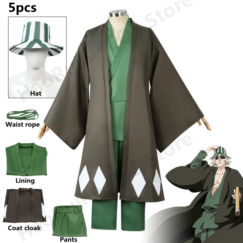 thumbnail image 1 of Disfraz de Anime Bleach Urahara Kisuke Gotei 13, uniforme tipo kimono, capa, pantalones, sombrero, para fiesta de carnaval y Halloween, 1 of 5
