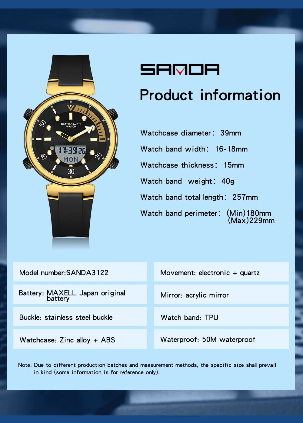 SANDA New Fashion Men Quartz Watch with Electronic Display Luminous LED Trend Mens Watches 50M Water Resistant Reloj Hombre 3122