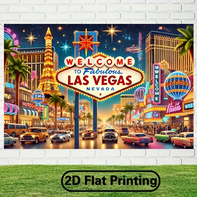 1 Stück Las Vegas Willkommensschild-Banner – Polyestergewebe, mit lebendigen Nachtlichtern und Neonlichtern, perfekt für Partys – Detail 7