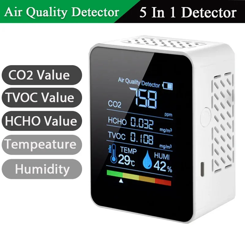 Multifunctional 5in1 CO2 Meter Digital Temperature Humidity Tester Carbon Dioxide TVOC HCHO Detector Air quality Monitor carbon dioxide detector