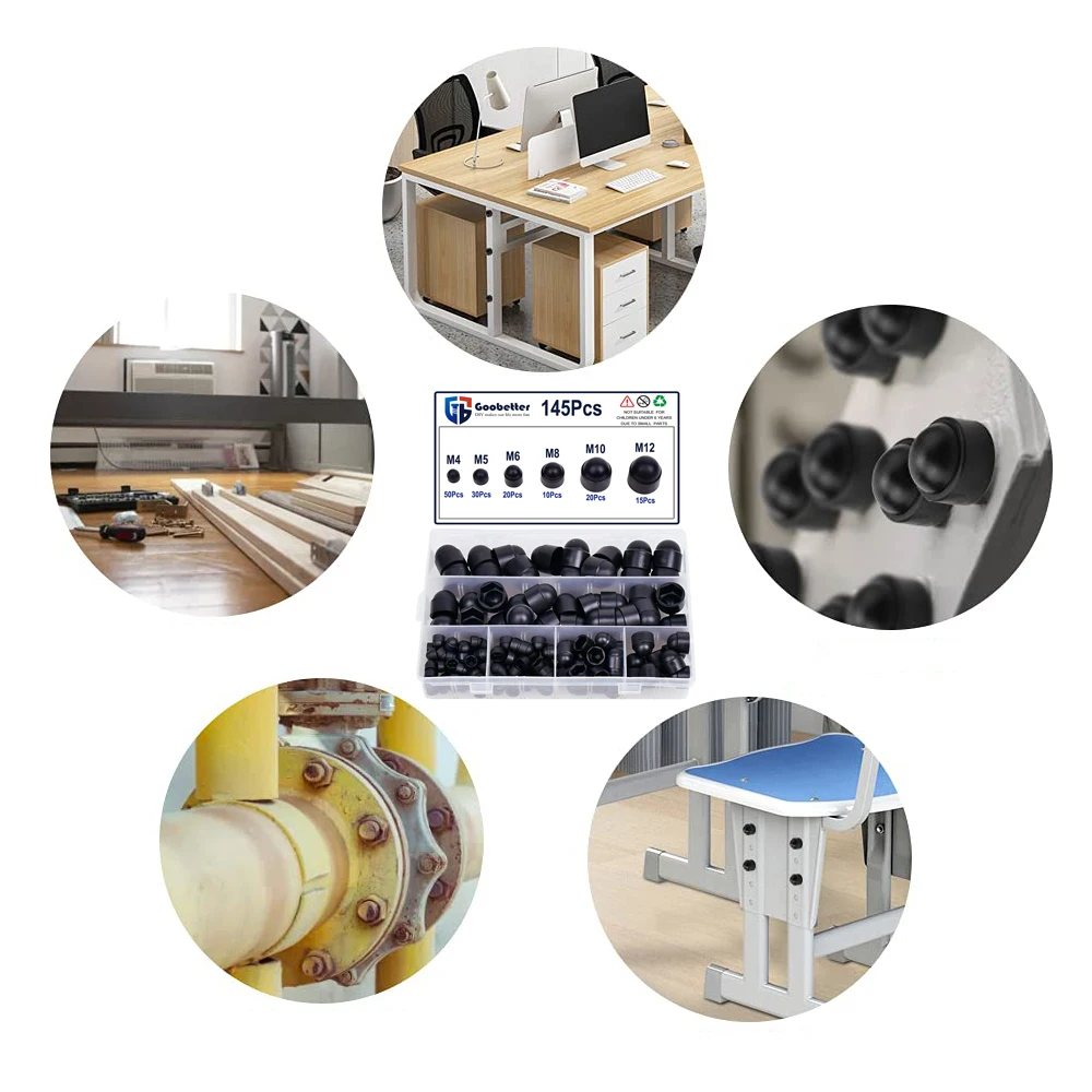 Description Picture 6 of item145Pcs M4 M5 M6 M8 M10 M12 Black Hexagon Nutrs Cap Nylon Acorn Nut Dome Hex Cover Protecting Hexagon Screws Bolts Kit