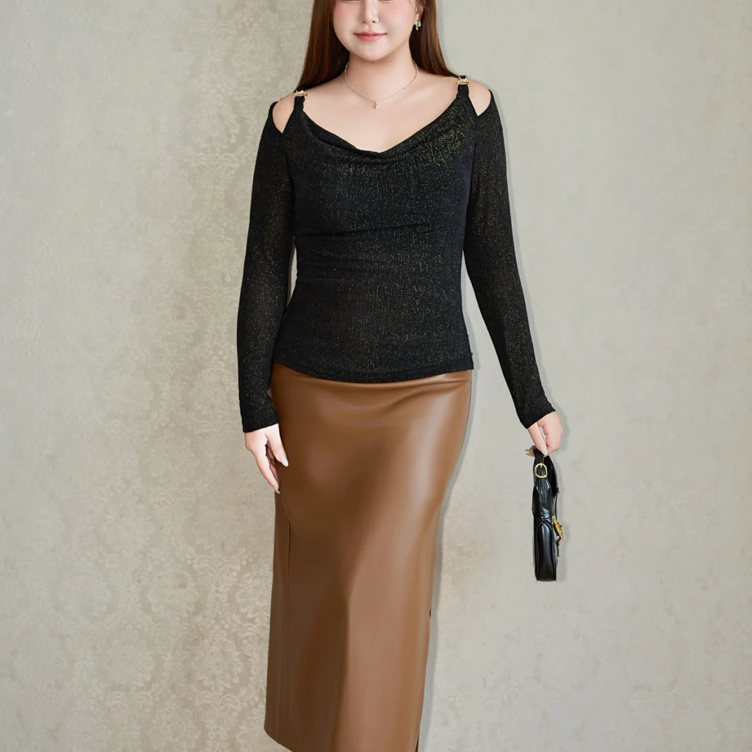 Fashion Plus Size Women's T-Shirt Premium Shiny Silk off-the-shoulder Swing Neck Knitted Top Autumn New French Slim And Elegant