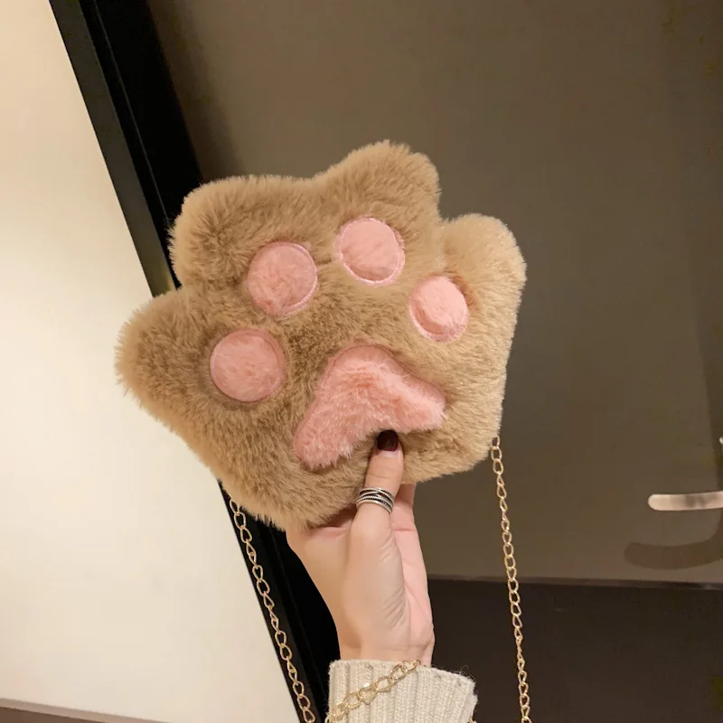 Cute Bear Paw Girls Chain Zipper Shoulder Bag Lovely Children's Soft Plush Coin Purse Baby Boys Accessories Small Crossbody Bags coin purse shoulder bags