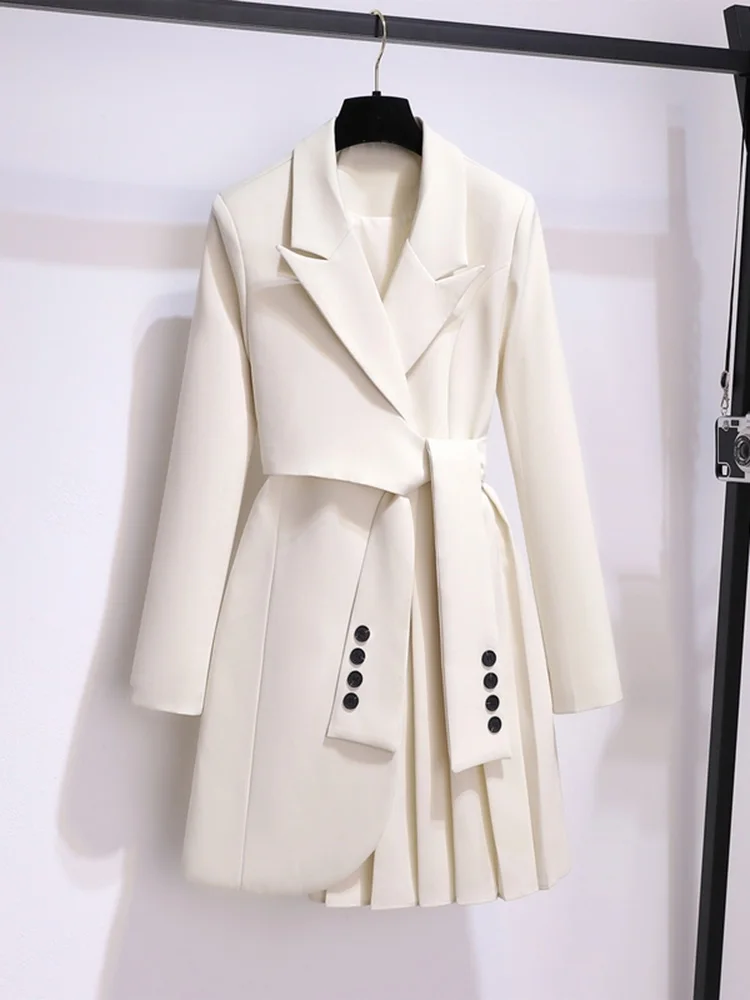 Women's Jacket Elegant Blazer Coats Pleated Blazer for Women Long Sashes Solid Loose Eam Blazers Female New Spring Coat