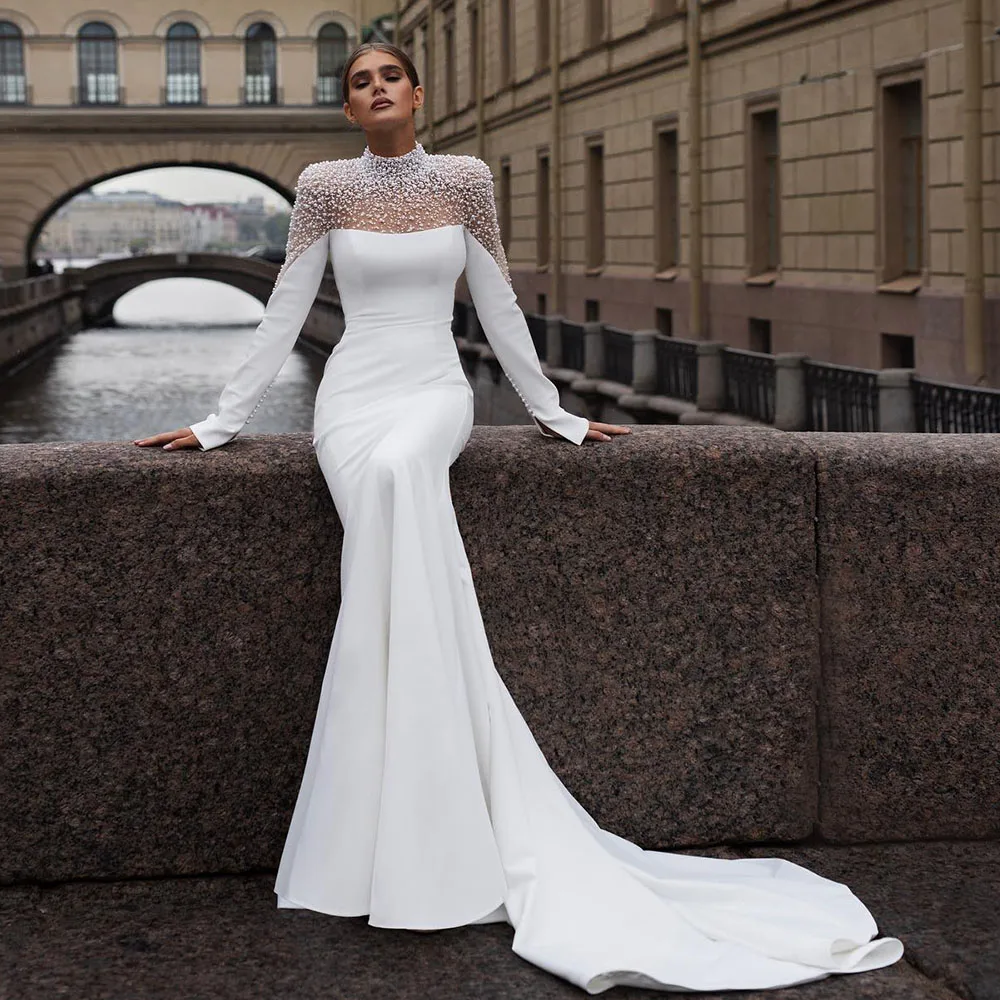 

Stunning High Neck Full Sleeves Peal Beaded Mermaid Wedding Drsses Sweep Train Custom Made 2024 Vestido De Noival