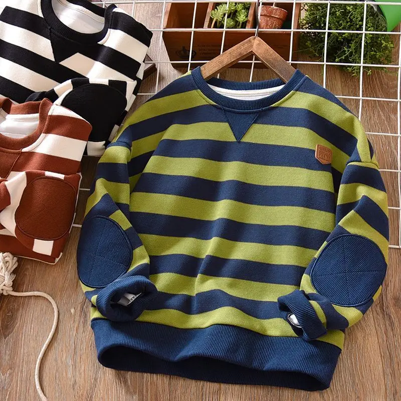 Boy's Hoody Spring And Autumn New Medium Large Children Mixed Color Stripe Patch Casual Children's Wear Long Sleeve