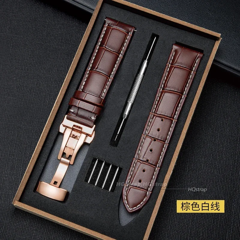 Premium Leather Watchband with Metal Butterfly Clasp - Unisex Strap with Gift Box