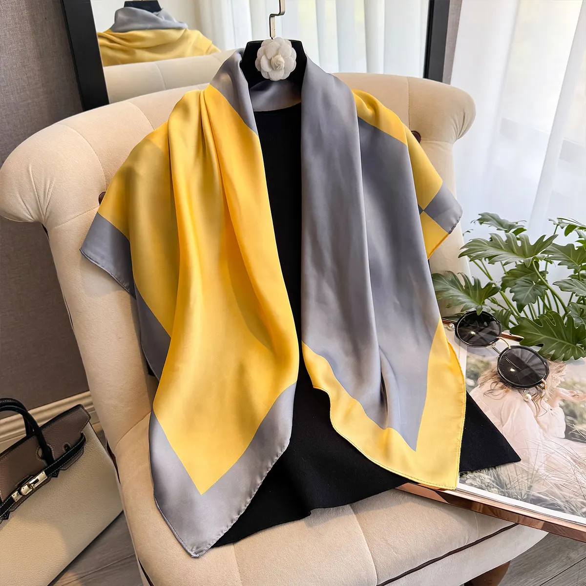 Latest Design Luxury 90cm Silk Women Scarf Sunscreen Foulard Shawl Hijab Female Hair Hijab Wraps Neckerchief Bandanda Echarpe