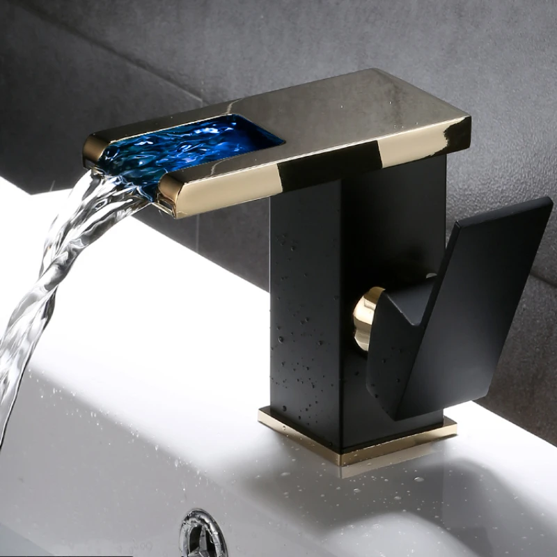 

All Copper Faucet Waterfall Water Outlet Wash Basin Wash Basin Faucet Bathroom Cabinet Single Hole Black Hot and Cold Faucet