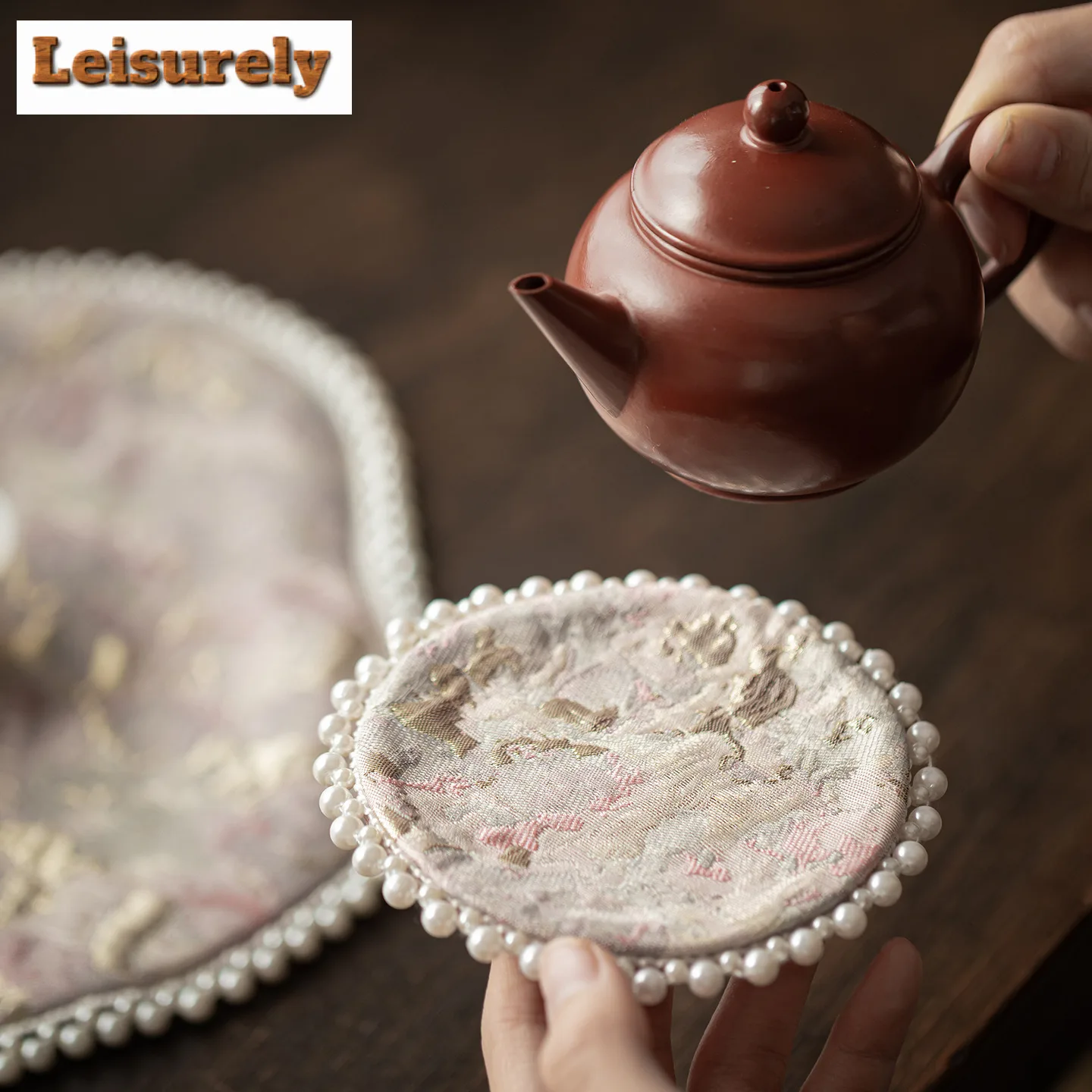 Chinese Pearl Edge Double-sided Tea Table Mats Retro Drink Coaster Dinner Table Cloth Mat Placemat Chinese Tea Set Decoration