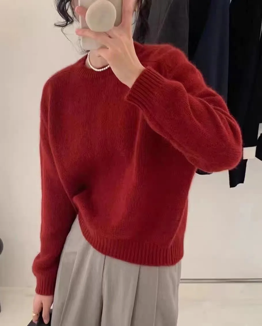 winter wool women's casual solid color round neck long sleeved loose sweater 5