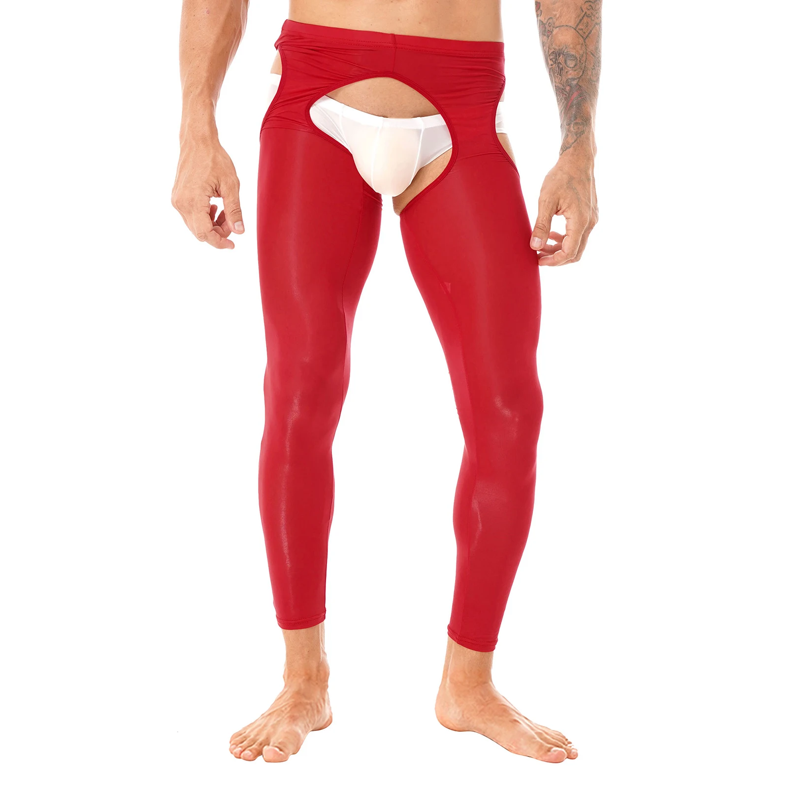 Sexy Mens Lingerie Open Crotch Skinny Pants Underwear Hollow Out Stretchy Crotchless Leggings Glossy Elastic Waistband Nightwear