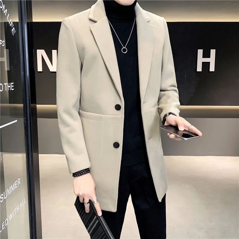 2023 Men's Windbreaker Jacket Autumn and Winter Wool Coat Pure Color Slim Fashion Long Woolen Large Size 4XL