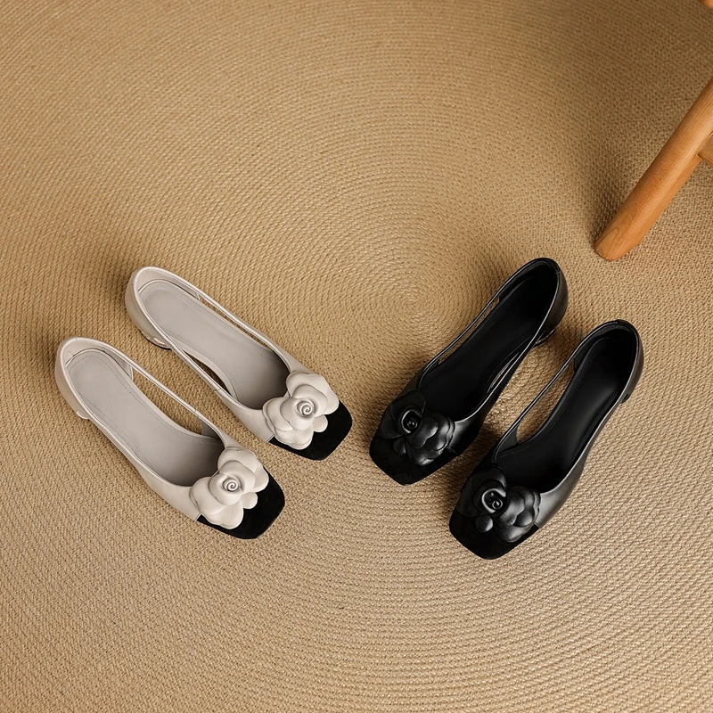 Women's New Spring/Summer Genuine Leather Square Toe Flower Breathable Hollow Middle Heel Color Blocked Single Shoe