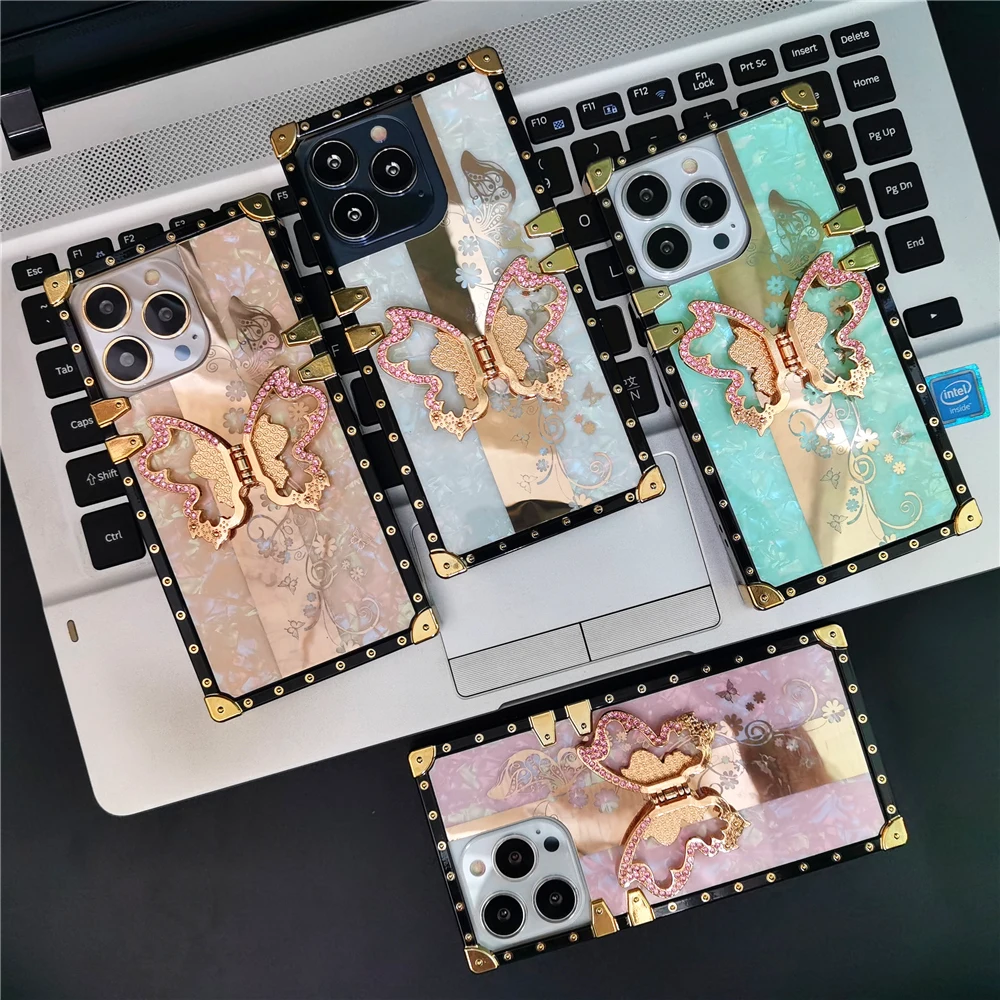 Miroir de mode 3D Papillon Fleur Couverture Placage Étui Carré Pour Samsung Galaxy A54 A14 A34 A53 A52 A72 A12 A82 A71 A22 A13 A20S_voghion.com