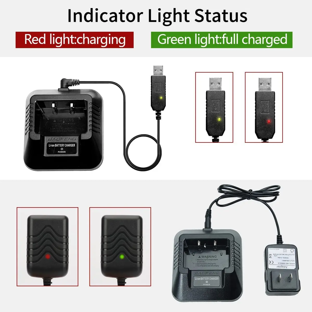 Baofeng Charger UV-5R BF-F8HP Charger Two-Way Radio Charger 100v-240v with Adapter + USB Charger Cable for UV-5R Series Walkie 4