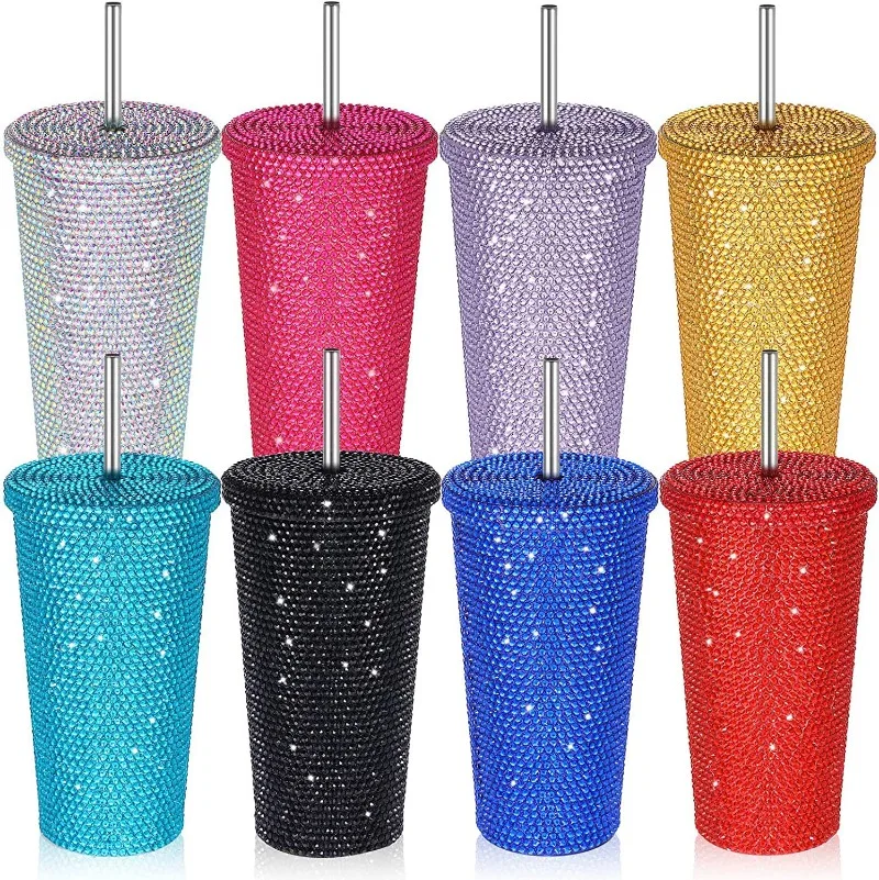 

750ml Straw Cup with Lid Shining Rhinestone Stainless Steel Double Layer Thermos Cups Women Glitter Cup Water Bottle Xmas Gifts