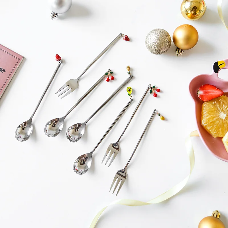Stainless Steel Cartoon Ornament Fruit Series Spoon Fork Dessert Fork Coffee Spoon dinnerware set spoons set forks