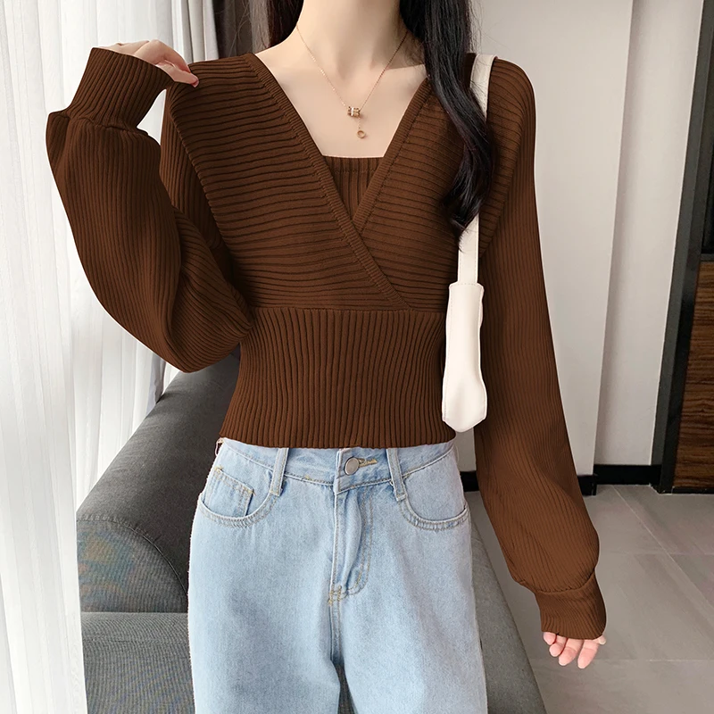 ladies cardigans 2021 autumn winter basic v-neck solid Sweater Women fashion Pullovers Female Knitted sweaters slim long sleeve Fake two sweater long black cardigan