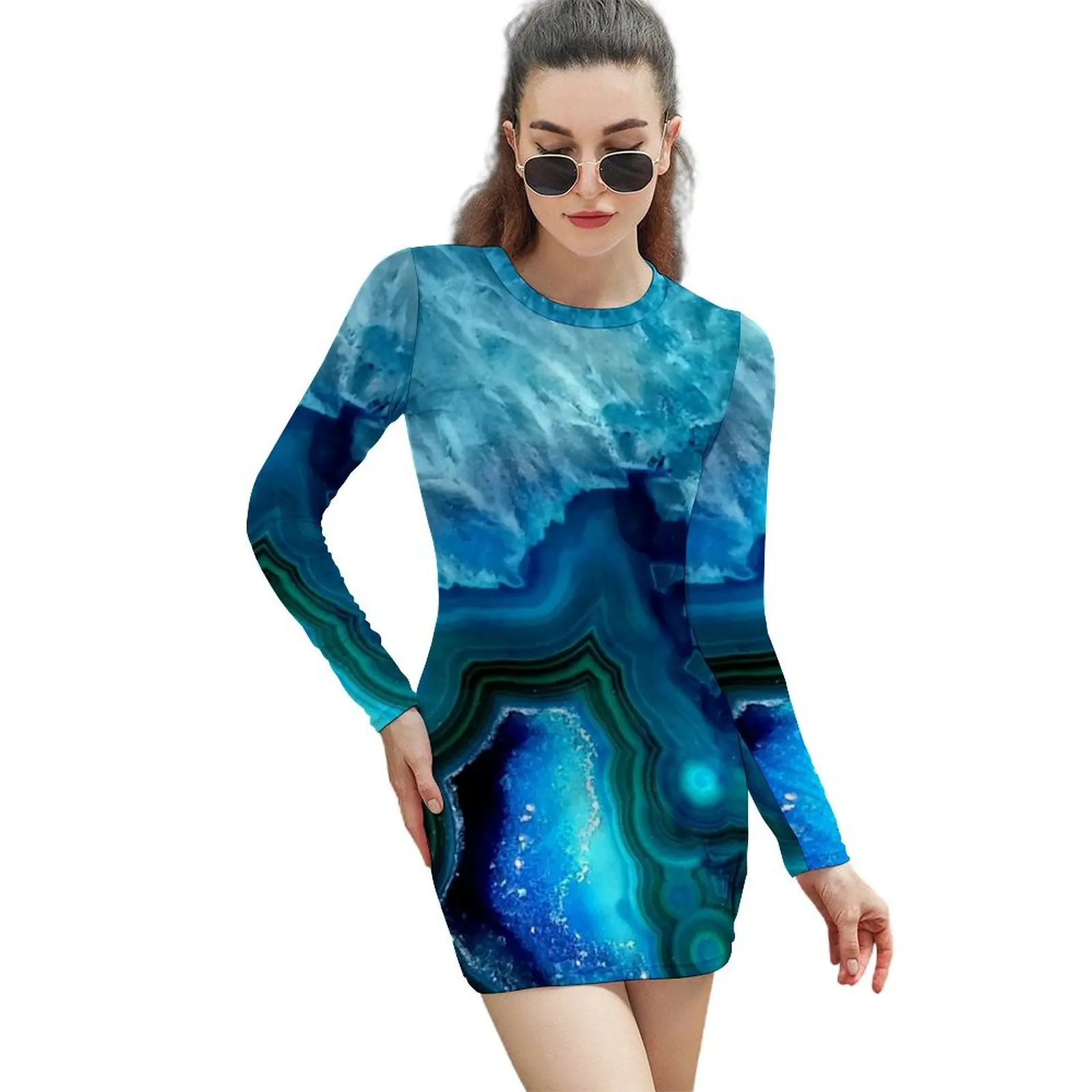

Teal Blue Agate Long-Sleeved Sheath Dress Prom gown ceremony dresses