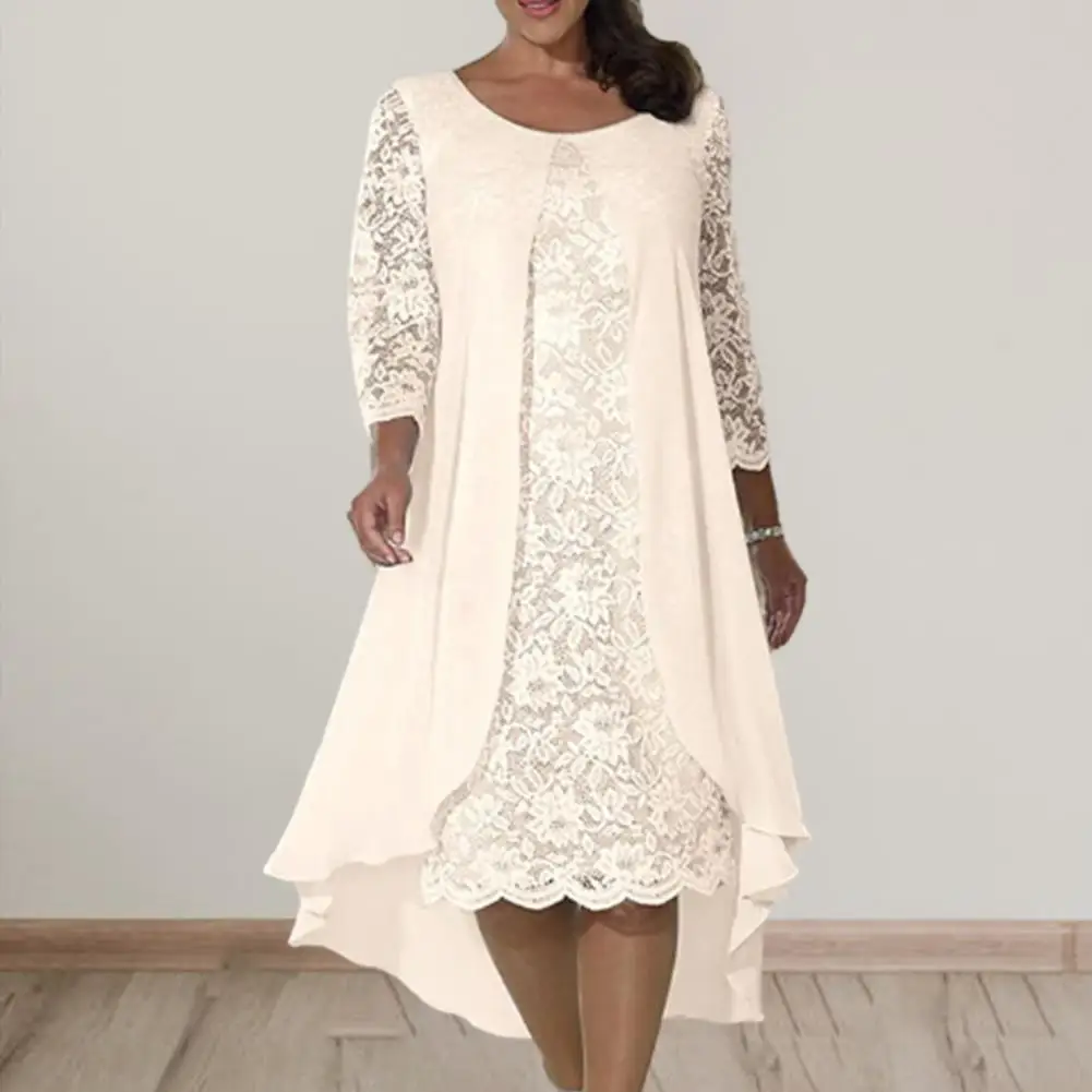 

A-line Lady Dress Elegant Lace Embroidered A-line Midi Dress for Plus Size Women Double Layers Three Quarter Sleeves for Party