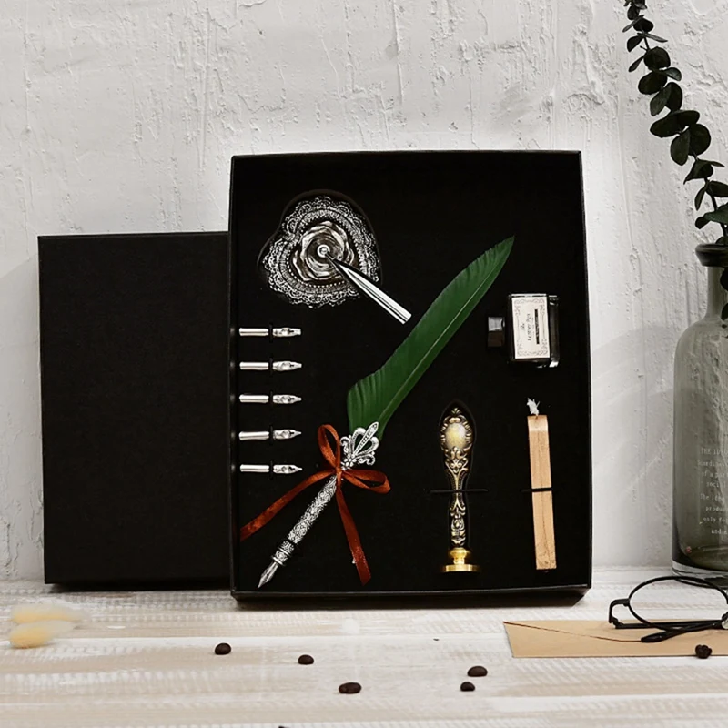 초보자용 깃털 딥 펜 필기 잉크 세트, 캘리그라피 퀼펜 선물 상자, 도장 스탬프 왁스 도장 스틱