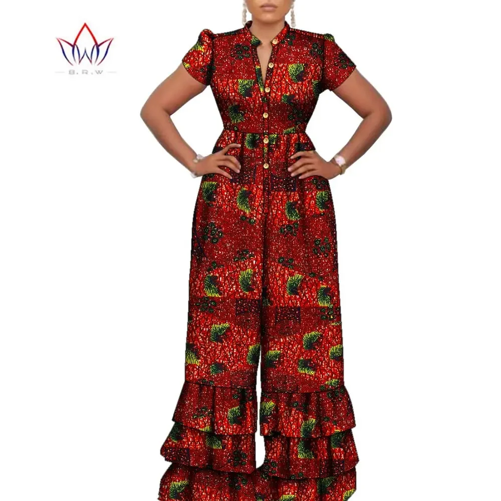 Fashion Women Jumpsuits African Print Clothing Short Sleeves High Waist Jumpsuit Rompers Wide Leg Pants Bazin Riche WY4988 winter lace jumpsuit lace flower embroidery plus size women s summer jumpsuit stylish high waist wide leg short sleeves back