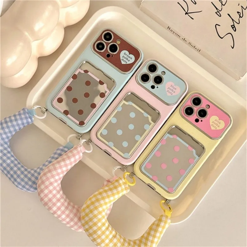 Chic Polka Dot Phone Case with Card Slot & Lanyard - Kawaii Shockproof Aesthetic Cover