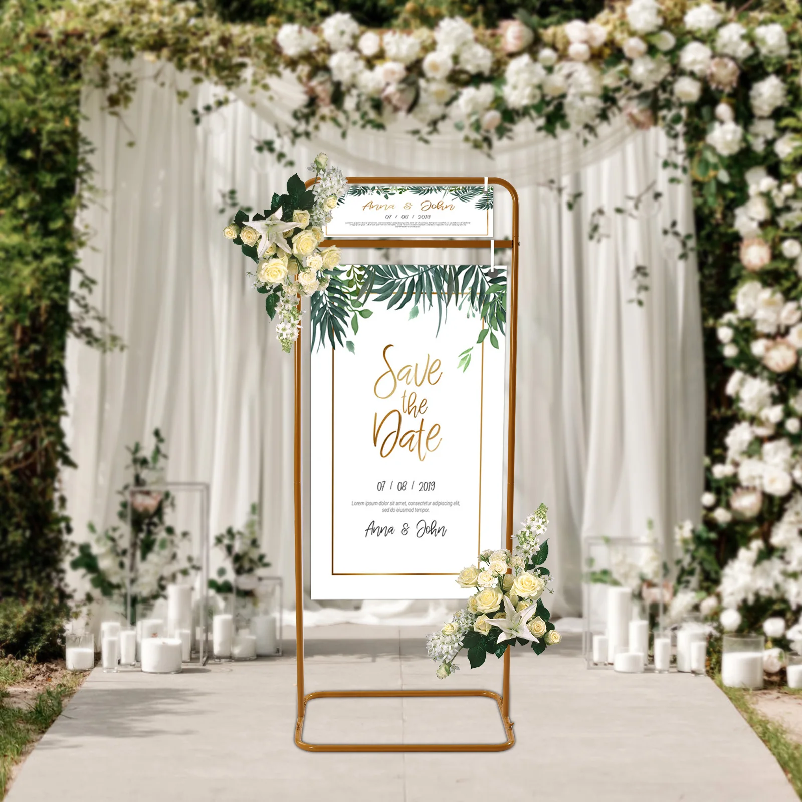 4.9 Feet Gold Wedding Sign Stand Welcome Reception Sign Frame Floral Display Rack Guest GuideCeremony Decorations
