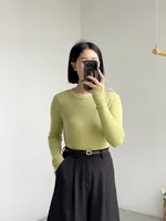 Birdtree 100%Pure Wool Elegant Thin Sweater, Women O Neck Long Sleeve, Basics Bottom Knit Tops, 2025 Winter Autumn New T46839QM - Image 4