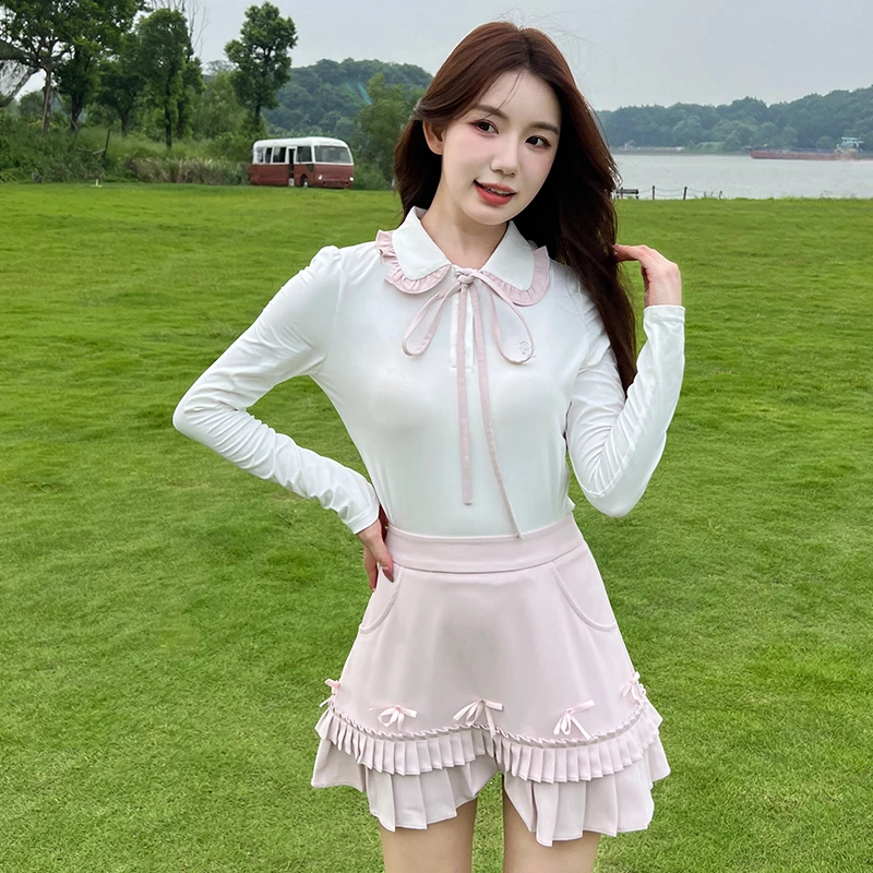 Golf Clothing Women Long-Sleeve Polo Shirt Ruffle Collar Elastic Tennis Tops Lady Pleated Bow Skirts High Waist Golf Skorts