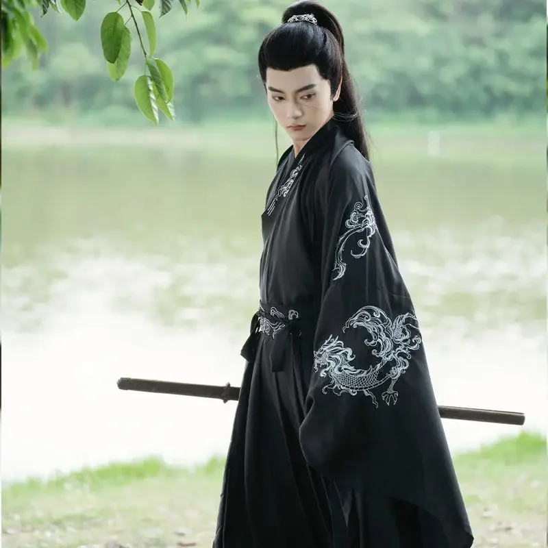 

WATER Men Black Wei Jin Style Hanfu Men's Traditional Chinese Clothing Black Ancient Costume Oriental Style Suit Swordsman