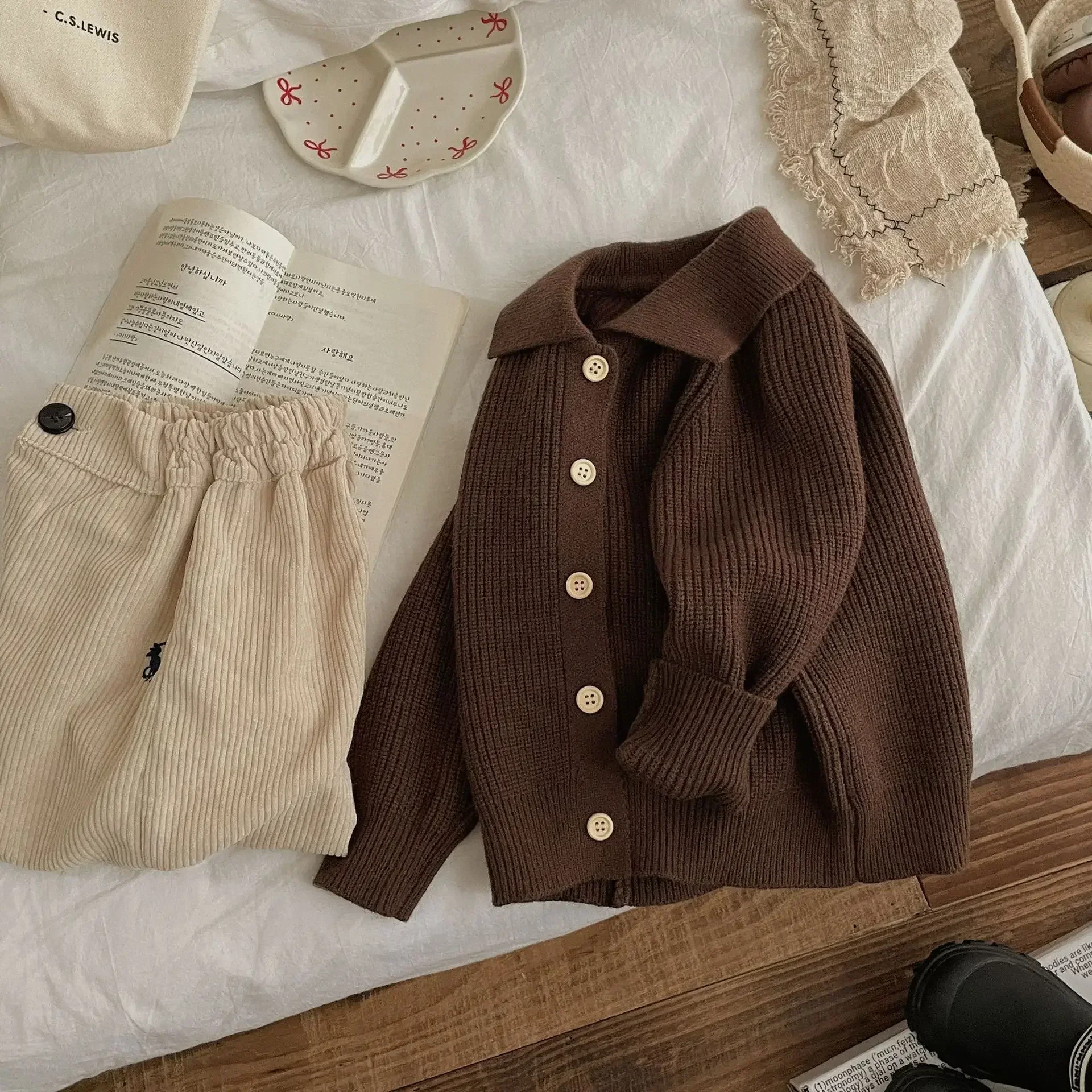 남아 스웨터 겨울 울 혼방 아우터 2025 따뜻한 두꺼운 봄 가을 가디건 재킷 따뜻한 아동 니트웨어 데일리 루즈핏 재킷