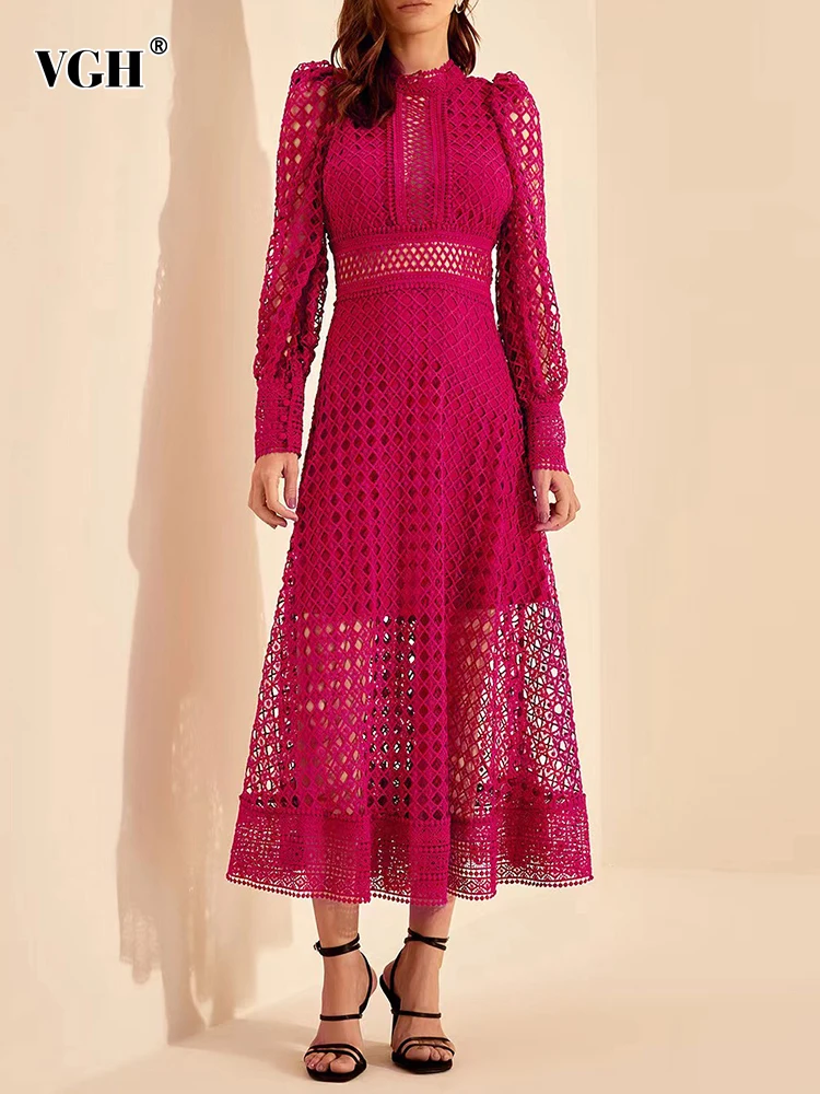 

VGH Solid Hollow Out Vintage Dresses For Women Round Neck Long Sleeve High Waist Embroidery Elegant Dress Female Fashion Style