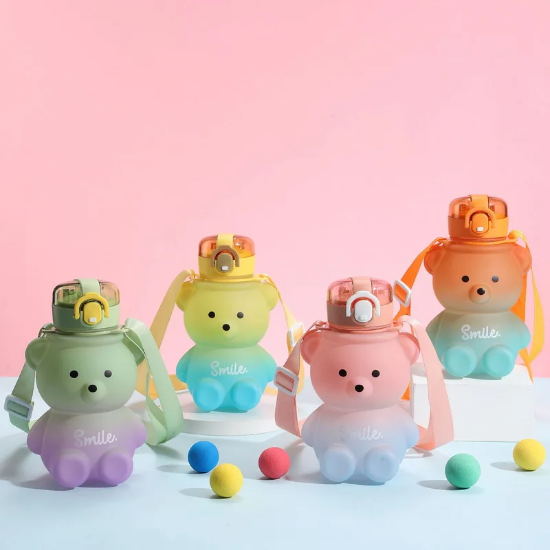 

1.4 Liter Kawaii Water Bottle For Girls School Kids Bottles With Straw Strap Plastic Drinking Outdoor Cute Bear Water Bottles