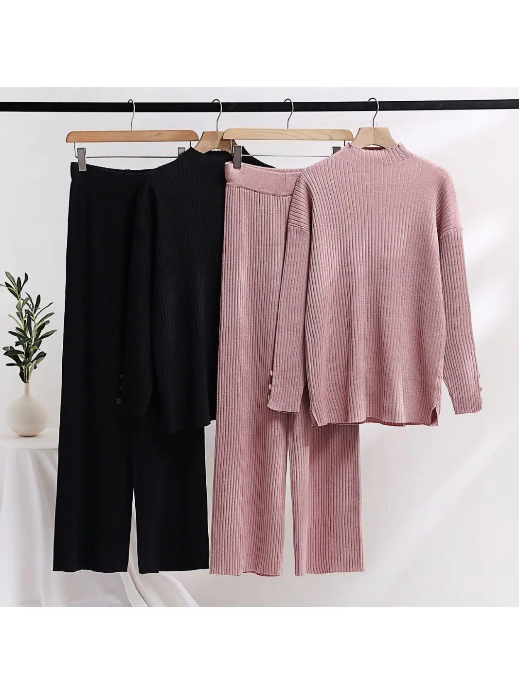 Autumn Winter 2 Pieces Women Sets Loose LargeSize Solid Color Knitted Tracksuit Turtleneck Sweater+ Straight Jogging Pants Suits