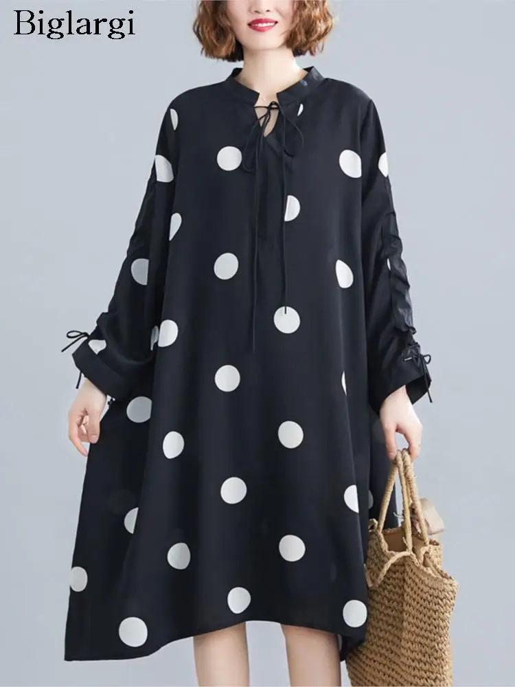 

Женское шифоновое платье средней длины в горошек, плиссированное платье с длинным рукавом, свободное женское Повседневное платье 2023