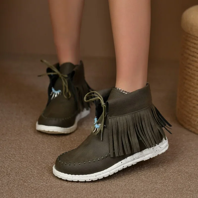 2024 Autumn Women's Casual Comfortable Ankle Snow Boots Retro Solid Color Lace Up Round Toe Flat Heel Casual Walking Shoes 36-43