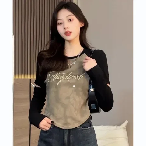

New American Retro women T-shirt Casual Loose Slim chicly T-shirt woman Khaki Grey Sweet Fashion Long-Sleeved Top female