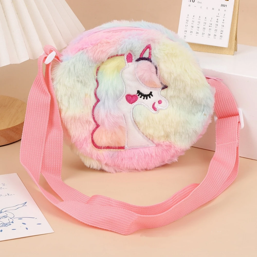 Kawaii Unicorn Bag For Girls Plush Shoulder Bag Children Crossbody Bags Mini Round Messenger Bag Kid Keys Coin Purse Small Pouch