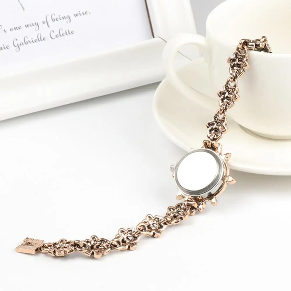 Vintage Women Rhinestone Flower Charm Round Dial Analog Quartz Bracelet Watch