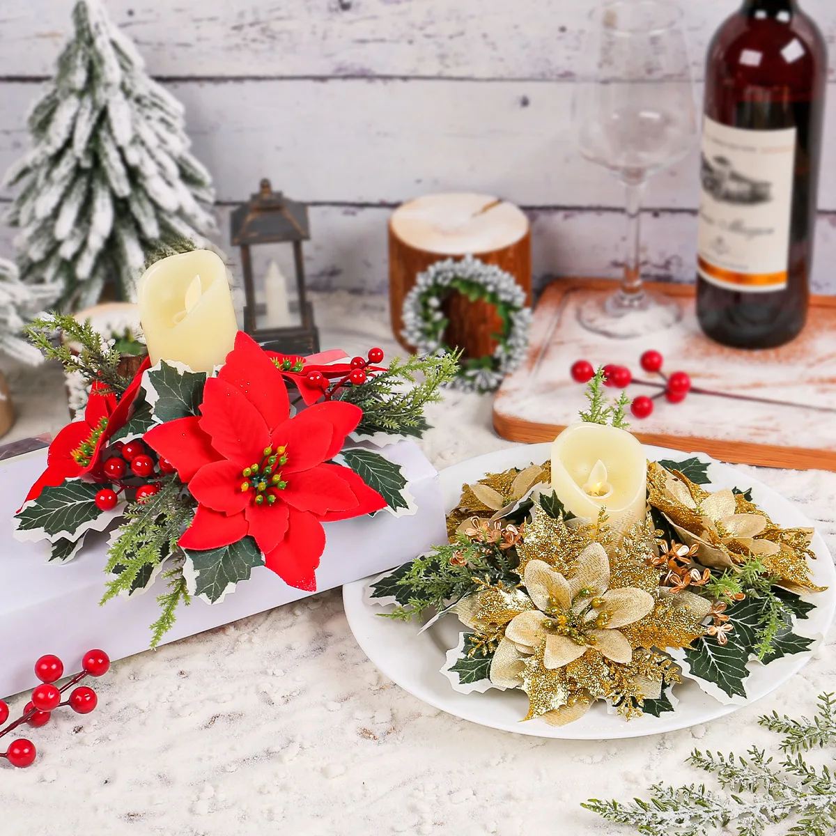 Christmas Candlestick Wreath Artificial Red Gold Poinsettia Flowers Garland Candle Ring Christmas Party Table Decor Navidad Noel