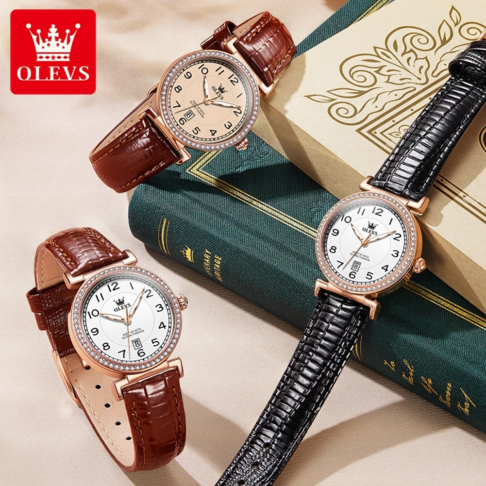 OLEVS 2024 New Fashion Womens Watches Top Brand Luxury Leather Strap Waterproof Calendar Diamond  Quartz Watch Relogio Feminino