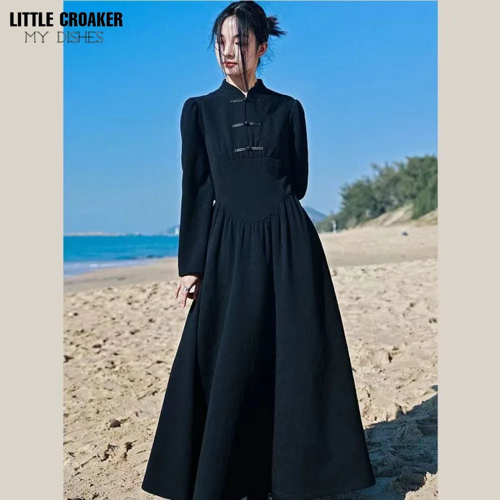 

New Cheong Sam Modern Chinese Style Long Dress Women Ao Dai Vintage Evening Party Black Qipao Dress Black Cheongsam Dress