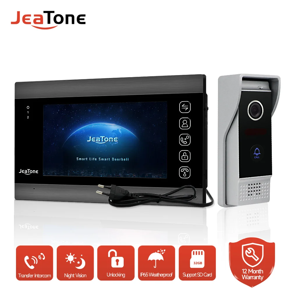 

Jeatone 7 Inch Home Video Intercom System 1200TVL Doorbell Camera Color LCD Screen for Unlock, Monitor, Two Way Talk，Waterproof