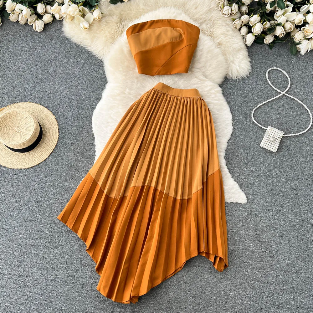 

Sexy Two Pieces Sets Chic Hotsweet Off Shoulder Strapless Top with High Waist Asymmetric FullSkirt Beach Vacation Sets