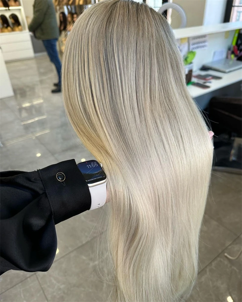 Synthetic Wig Women Soft Straight Futura Lace Frontal Ombre Ash Blonde HD Transparent Clear Lace Cosplay