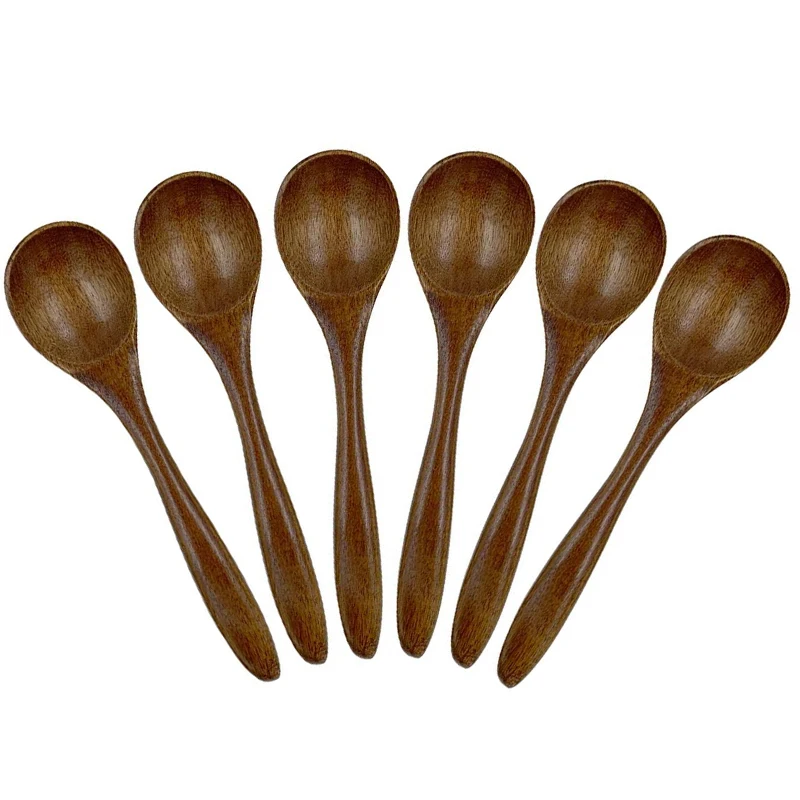 Small Wooden Spoons 6 PCS 5.3 Inch Natural Soup Bamboo Wood Spoon for Eating Handmade Condiments Mixing Serving | Дом и сад