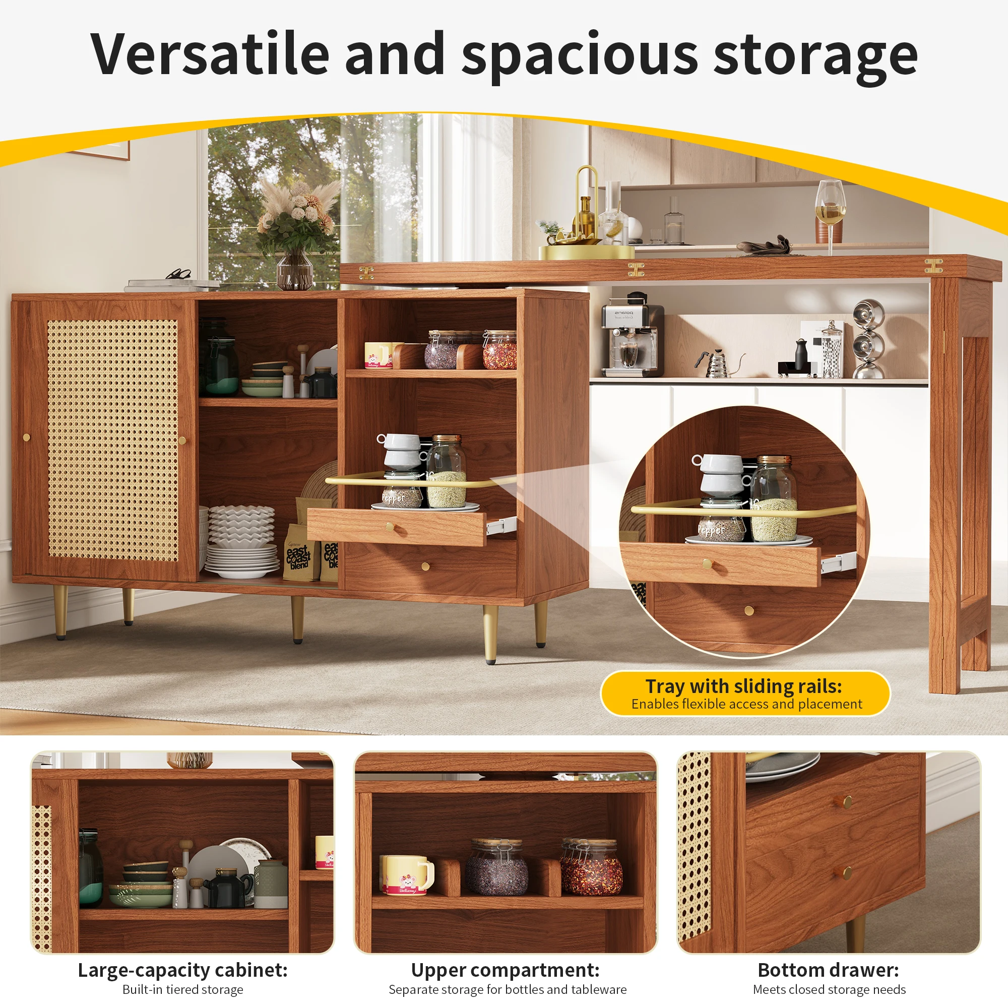 360 ° Drehbarer Bartisch (Hauptkörper: 107 x 40 x 71,4 cm), brauner Bartisch mit ausziehbarem Design, Aufbewahrungsschrank mit Rattantür – Detail 14