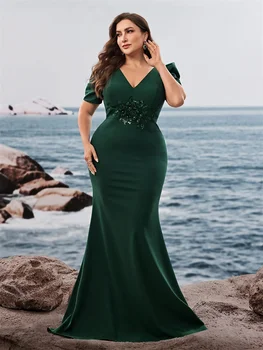 فستان سهرة فاخر بأكمام قصيرة مقاس كبير لعام 2024، فستان كوكتيل أنيق طويل أخضر لحفلات الزفاف والحفلات الراقصة 6